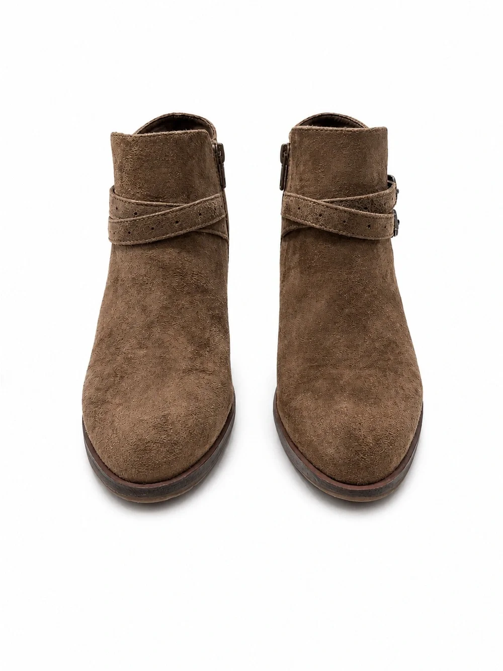 Suede Double-Buckle Ankle Booties - Taupe